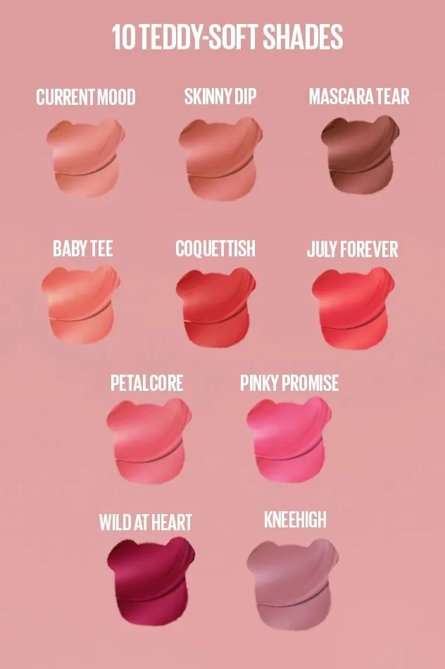 10 lipstick shades on a pink background, labeled: Current Mood, Skinny Dip, Mascara Tear, Baby Tee, Coquettish, July Forever, Petalcore, Pinky Promise, Wild at Heart, Kneehigh.