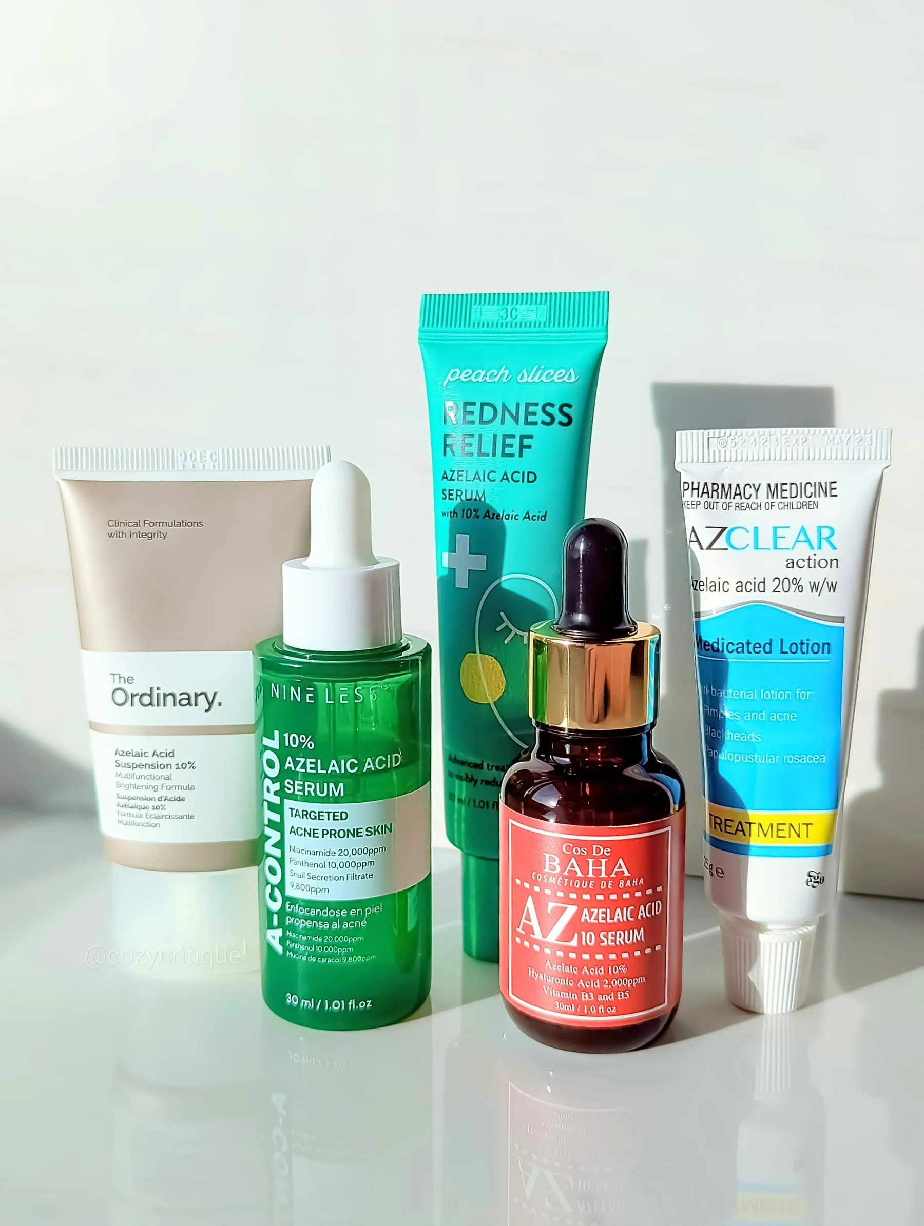 Five azelaic acid products lined up for comparison