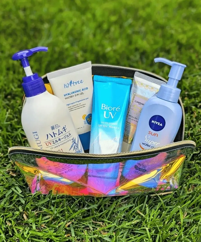 A selection of Korean and Japanese sunscreens laid out together
