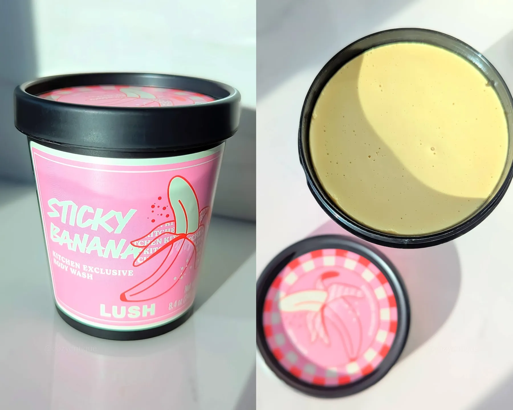Pink tub of "Sticky Banana" body wash by Lush, with an open lid showing creamy contents. Bright setting, banana graphic on lid.